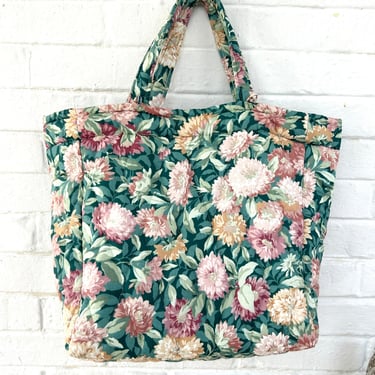 1980's Seafoam Floral Quilted Tote Bag 