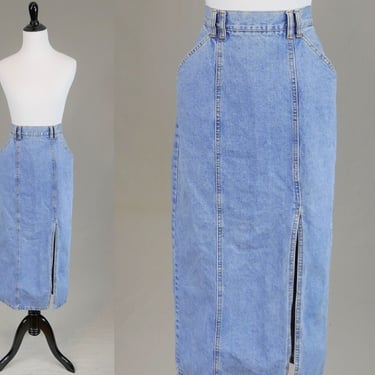 90s Long Jean Skirt - 24.5 waist - Long Front Side Slit - Light Blue Cotton Denim - Nuovo County Seat - Vintage 1990s - XS 