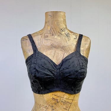 Vintage 1950s Black Floral Cotton Bullet Bra 36C, Love-é Studios of Hollywood Custom Fitted Brassiere, Mid-Century Rockabilly Pin-Up VLV 