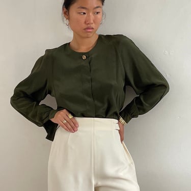90s silk batwing blouse / vintage olive army green silk crepe crewneck batwing dolman sleeve blouse | Large 