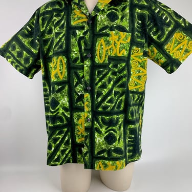 1950's Tropical Shirt - Tiki Print - All Cotton - Patch Pocket - Loop Collar - Men's Size Large 