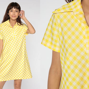 60s Mod Mini Dress Yellow Checkered Dress Shift Gingham Dress Plaid Print Twiggy 70s Vintage Short Sleeve Minidress Wing Collar Medium Large 