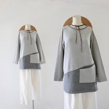 pocketed stone knit top - m - vintage 90s y2k gray womens long sleeve long long longline shirt blouse 