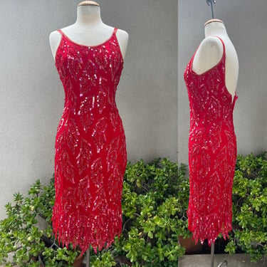 Vintage short sequin beaded dress red sleeveless fringe trim XS by After Six for Ronald Joyce London LTD 