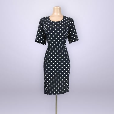 VINTAGE 80s Black and White Polka Dot Sheath Dress by My Michelle Size 14  | 1980s Office Pencil Dress | VFG 