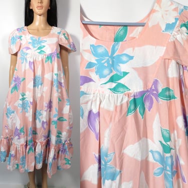 Vintage 80s Plus Size Hawaiian Tent Dress Ruffle Hem Muumuu Size XL 