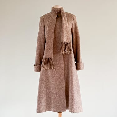 Chic 1970's Brown Wool Coat With Attached Scarf  / Medium