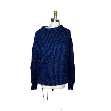 Vintage Cottage Knitwear Aran Blue Black Mottled Wool Sweater Unisex Chunky Knit, Large 