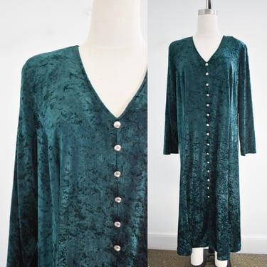 1990s Dark Green Crushed Velour Maxi Dress 