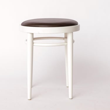 Vintage Thonet Stool – White Lacquered Wood & Brown Leather – 1990s-2000s 