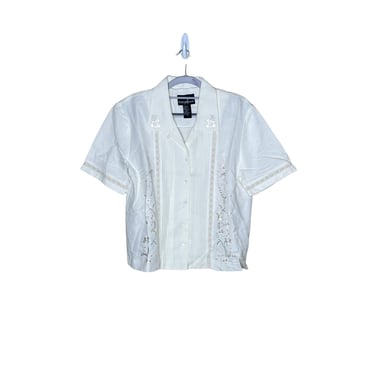Vintage Positive Attitude White Embroidered Linen Boxy Guayaberas Blouse Shirt, Size 12 