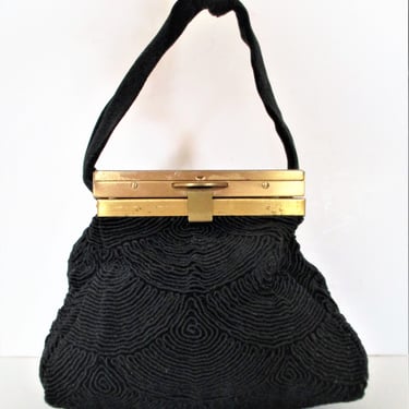 Vintage Evening Bag, 50s Black Corde Evening Box Purse, Gold Metal Hinge Lid, Tied Fabric Handle 