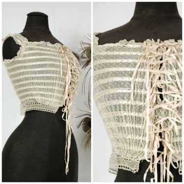 Vintage 1900s Corset Cover -Rare Edwardian Sheer Lace Corset Cover c. 1905 with Lace Up Front 