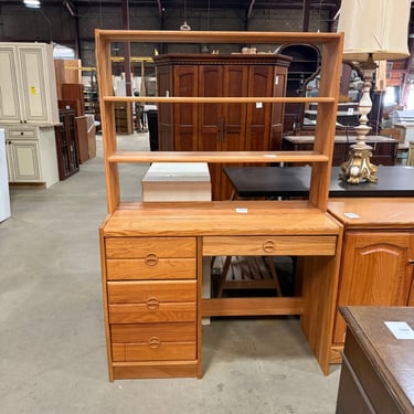 Mid-Century Modern Tall Solid Oak Desk with Shelving