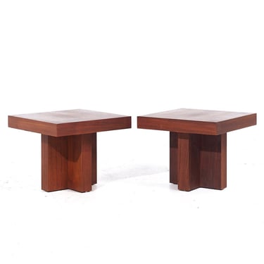 Milo Baughman Style 1922 Mid Century Walnut Cruciform End Tables - Pair - mcm 