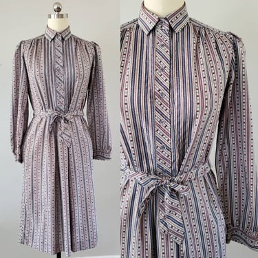 1980's Schrader Sport Striped Dress with Belt and Pockets - 80's Dresses - 80s Women's Vintage Size Medium 