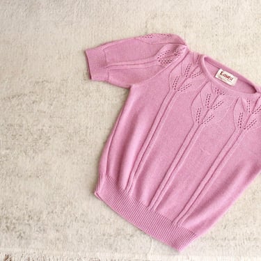 orchid knit top - m - vintage 80s 90s womens size medium pink purple short sleeve sweater shirt pastel 