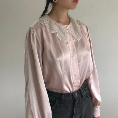 80s satin lace collar blouse / vintage blush pink puff sleeve oversized silky satin with organza lace collar blouse | Extra Large 