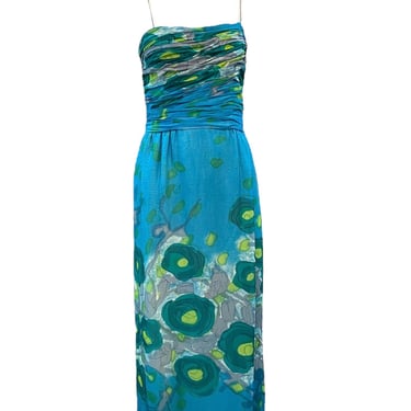 Malcolm Starr 70s Blue Chiffon Watercolor Floral Gown, NWT