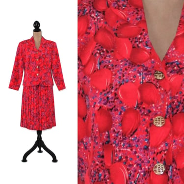 80s Floral 2 Piece Suit Medium, Red Tulip Print Skirt & Jacket Set, Spring Church Outfit, 1980s Clothes Women Vintage Clothing Breli Size 10 