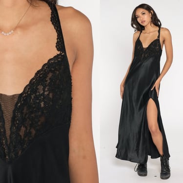 Black Lace Nightgown 90s Victoria's Secret Gold Label Slip Dress High Front Slit Retro Maxi Lingerie Spaghetti Strap Vintage 1990s Large L 
