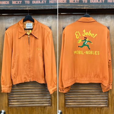 Vintage 1950’s Size L Pumpkin Orange Shriner Club Embroidery Gabardine Rockabilly Jacket, 50’s Vintage Clothing 