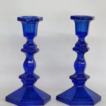 Mid Century Cobalt Blue Glass Tall Hexagonal Candle Stick Holders a Pair 3115B