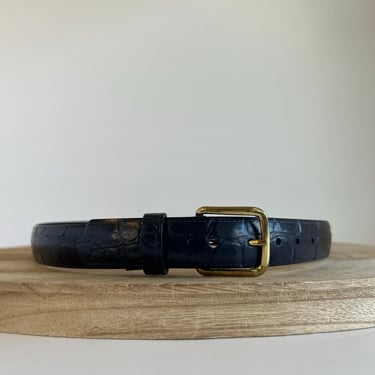 Vintage 90s Dark Midnight Blue Vegan Leather Square Gold Buckle Belt Size XS/S 