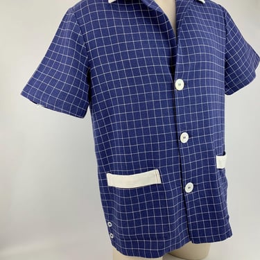 Vintage 1950'S Cabana Beach Shirt - CEEB of MIAMI - Printed Cotton Check - Natural Shell Buttons - Men's Size Large 