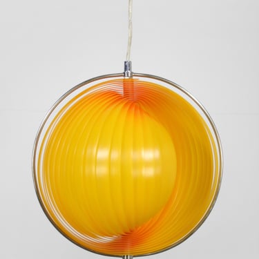 Vintage Verner Panton Style Warm Yellow Orange Moon Pendant Lamp West German Chrome Round Circular Balloon Fan Orb Accent Mid Century Modern 