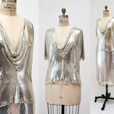70s 80s Silver Vintage Chainmail Mesh Top Metallic Metal Disco Cowl Neck Blouse Anthony Ferrara Silver Metal Wedding Top Whiting and Davis 