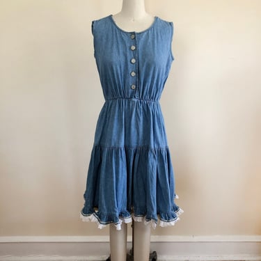 Sleeveless, Blue Denim Tiered Mini-Dress with Eyelet and Ribbon Trim - 1990s 