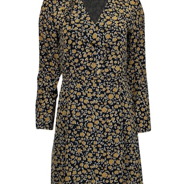 Derek Lam - Black & Tan Print Silk Ruffle Front Long Sleeve Dress Sz 4