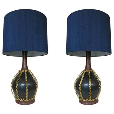 Large Mid-Century Pottery Gold Tone Chain Lamps with Shade 
