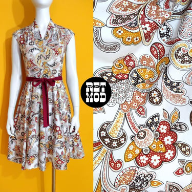 Lovely Vintage 70s White with Brown, Mustard, Maroon Paisley Print Fit & Flare Dress 