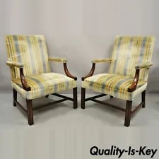 Vintage W&J Sloane Mahogany Frame Edwardian Style Library Arm Chairs - a Pair