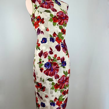 Vintage Cheongsam Dress - ALL SILK Jacquard Floral in Vivid Colors - Silk Lined - Hand Sewn Details - Side Zipper - Size Medium 