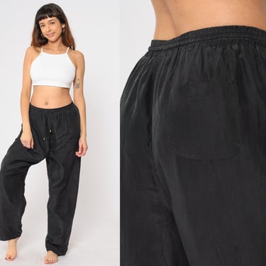 Black Silk Pants Y2K Baggy Trousers High Waisted Rise Elastic Waist Joggers Tapered Leg Basic Track Pants Vintage 00s Large 