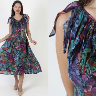 Adini Designer Vintage Sundress, 70s India Floral Fringe Button Up Dress, Lightweight Airy Tropical Print Material 