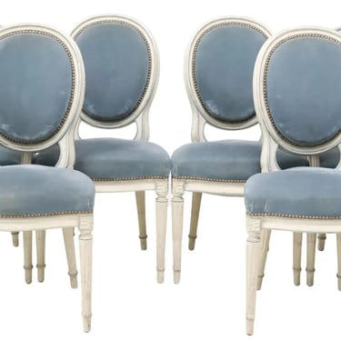 Chairs, Dining, (6) French Louis XVI Style, Painted, Blue Velvet, Nail Head Trim