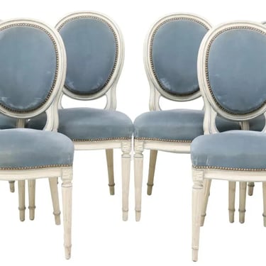 Chairs, Dining, (6) French Louis XVI Style, Painted, Blue Velvet, Nail Head Trim
