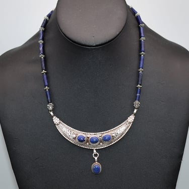 70's 925 silver sodalite tribal hippie bib, ornate sterling blue stone cabs & tubes boho necklace 