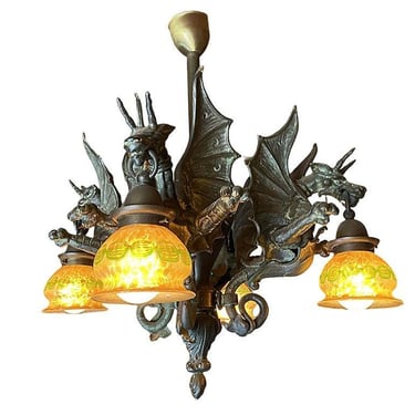 Bronze Medieval Dragon Chandelier w/ Quezal Gold Iridescent Shades 