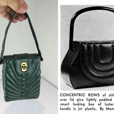 She Spins in Circles - Vintage 1930s 1940s Dark Forest Green Concentric Deco Leather Box Bag Handbag Purse 