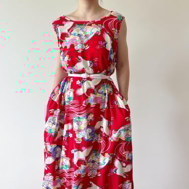 vintage dress maxi dress midi dress plus size red oriental style Japanese market dress sun dress summer minimalist size XL 