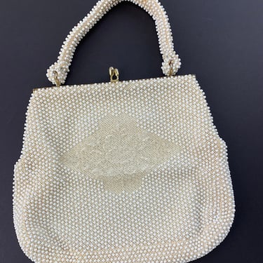 1960'S Beaded Handbag - Creamy White Beadwork with Clear Beaded Details - Shinny Gold Frame - Satin Lined with a Mirror Side Pocket 
