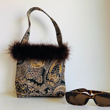 Vintage 90s CBK Paisley Tapestry Feather Fur Lined Mini Tote Bag 