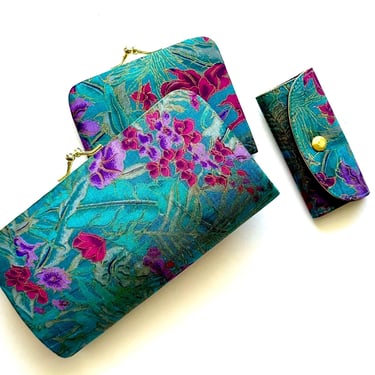 Vintage Silk Floral Handbag Accessories Travel Pouch Case Set Key Holder Coin Purse Pouch 