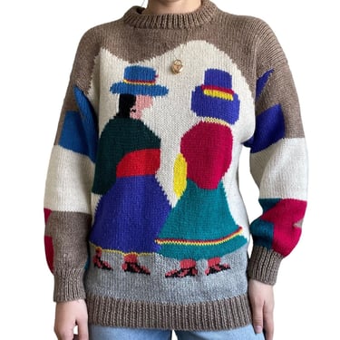 Vintage Hand Knit Peruviuan Alpaca Crewneck Oversized Rainbow Boho Sweater Sz XL 