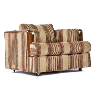 Post Modern Brown Striped Wood and Brass Accent Tuxedo Armchair 